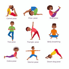 kids exercise poses and yoga asana set