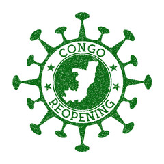 Congo reopening stamp. Green round badge of country with map of Congo. Country opening after lockdown. Vector illustration.