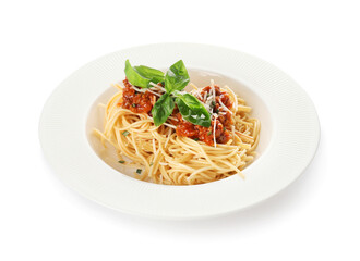 Plate with tasty pasta bolognese on white background