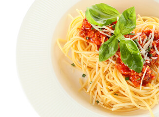 Tasty pasta bolognese on plate, closeup