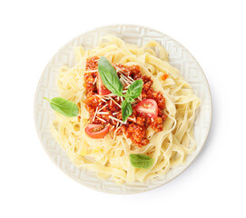 Plate with tasty pasta bolognese on white background