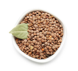 Bowl with lentils on white background