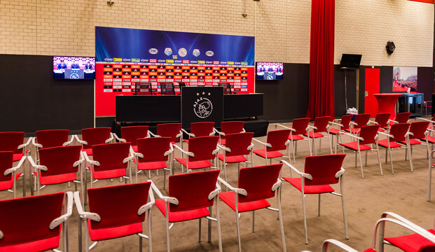 AMSTERDAM, NETHERLANDS - JUNE 2, 2015: Press conference room of Amsterdam Arena stadium, the largest stadium in Netherlands. The home stadium for the AFC Ajax and the Netherlands national team