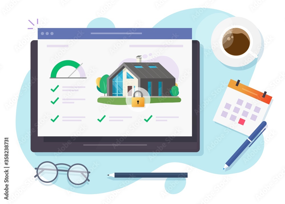 Poster house smart home security system lock monitoring check software online on digital computer device or