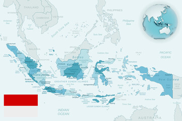 Blue-green detailed map of Indonesia administrative divisions with country flag and location on the globe.
