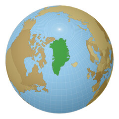 Globe centered to Greenland. Country highlighted with green color on world map. Satellite projection view. Vector illustration. © Eugene Ga