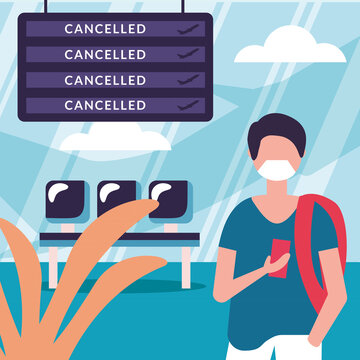 Man with medical mask and cancelled flight board vector design