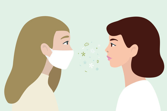 Women in protect mask from virus infection and without, in modern design.  Hand drawn vector illustration, isolated on background