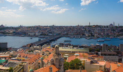 A view of Istanbul from Galata Tower in Beyoglu looking towards Galata Bridge and Fatih, with Suleymaniye mosque on the far right and Hagia Sofia and Sultan Ahmet Mosques on the far left