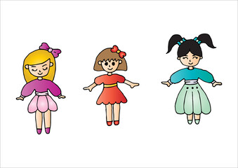 Three cute cartoon girls, little Princess girl. Vector illustration. Coloring page.