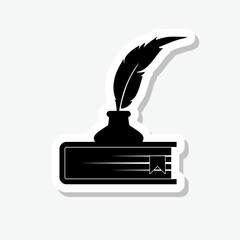 Book, quill and inkwell sticker icon isolated on gray background