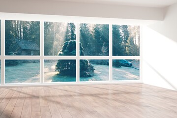 modern room with natural background in windows interior design. 3D illustration