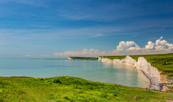 Amazing seascape of Birling Gap beach at East Sussex in UK with beautiful blue sky and view to Seven Sisters white cliffs,Birling Gap East Sussex UK