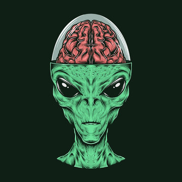 Hand drawing vintage alien head with brain vector illustration