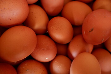 Close-up of fresh chicken eggs (telur ayam) in a basket