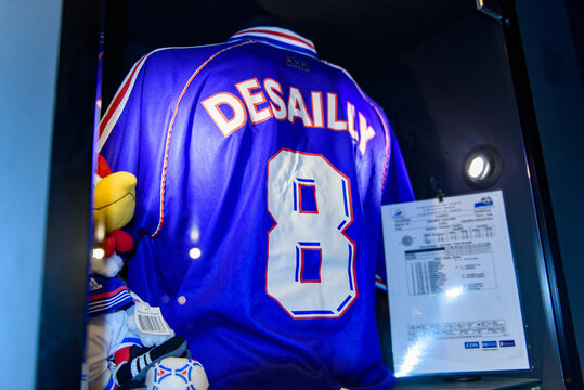 PARIS - APRIL 1, 2018: Marseille Desailly 8 shirt, Museum at the Stade de France, the national footbal and rugby stadium, Saint-Denis, Paris