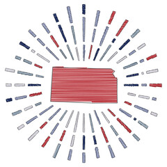 Sketch map of Kansas. Sunburst around the us state in flag colors. Hand drawn Kansas shape with sun rays on white background. Vector illustration.