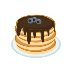 pancake with chocolate and blueberries on a plate in vector flat style, single element for design. food, american dessert