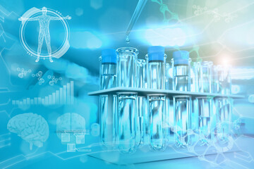 drinkable water quality test for viruses (like covid-2019) concept - lab test tubes in modern biochemistry college clinic, medical 3D illustration