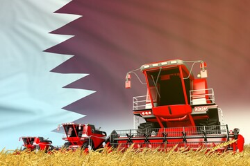 Obraz premium red wheat agricultural combine harvester on field with Qatar flag background, food industry concept - industrial 3D illustration