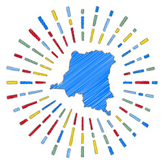 Sketch map of DR Congo. Sunburst around the country in flag colors. Hand drawn DR Congo shape with sun rays on white background. Vector illustration.