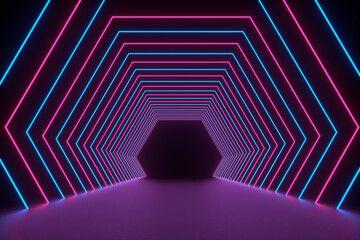 3D Rendering Illustration. Futuristic Sci Fi Dark Empty Room With Neon Glowing. 3D abstract background with neon lights. 