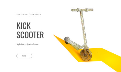 E-scooter. Low poly wireframe style. Banner concept for mobility in the city. Polygonal abstract isolated on black background. Particles are connected in a geometric silhouette. Vector illustration