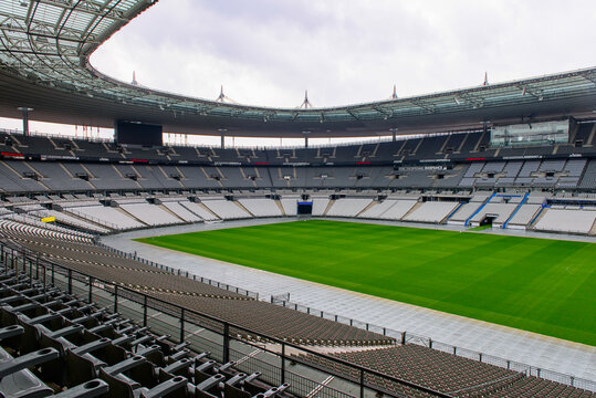PARIS - APRIL 1, 2018: Pitch of the Stade de France, the national footbal and rugby stadium, Saint-Denis, Paris