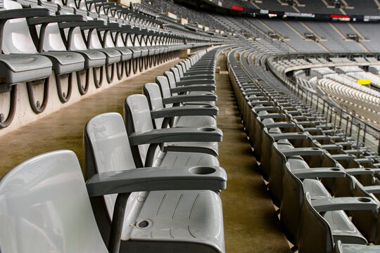 PARIS - APRIL 1, 2018: Grey seats of the Stade de France, the national footbal and rugby stadium, Saint-Denis, Paris