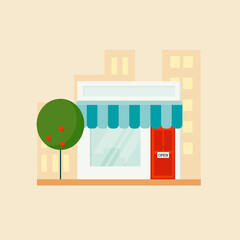 Store building vector flat illustration. Small shop facade with cityscape background. Business retail, market concept.