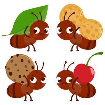 Cute Ants Carrying Food. Vector Illustration