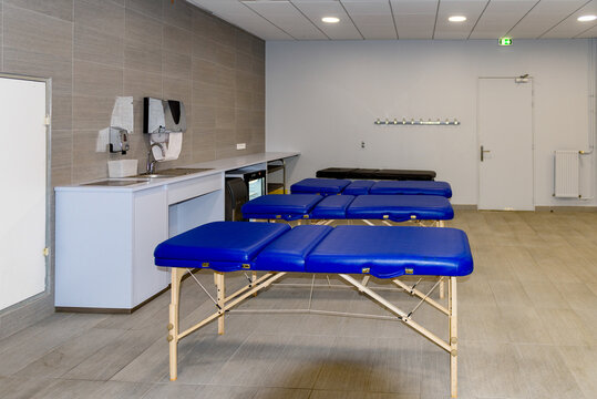 PARIS - APRIL 1, 2018: Massage tables in the Changing room, Stade de France, the national footbal and rugby stadium, Saint-Denis, Paris