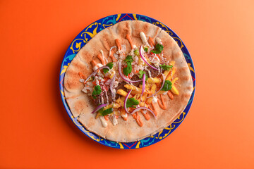 Lavash bread with grilled meat, vegetables, cheese. Shawarma lavash bread, fresh roll of lavash, pita bread.