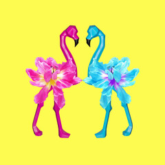 Contemporary collage. Pink and blue flamingos on a yellow background. The concept of love, relationship, holiday.