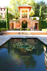 garden pool with lilies and goldfish in Alhambra Palace, Spain