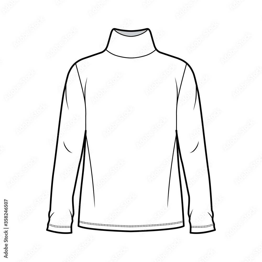 Wall mural Cotton jersey top technical fashion illustration with turtleneck, tunic length oversized body long sleeves flat.