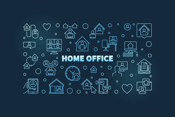Home Office outline vector blue concept horizontal banner or illustration on dark background