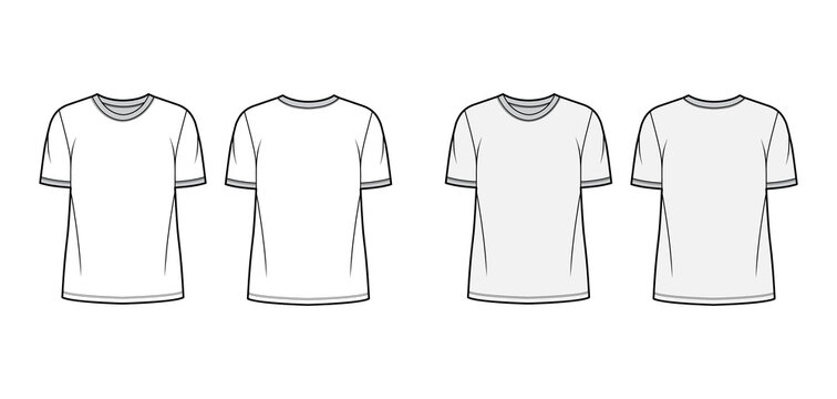 T-shirt technical fashion illustration with crew neck, fitted oversized body short sleeves, flat.
