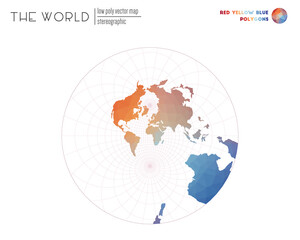 Polygonal world map. Stereographic of the world. Red Yellow Blue colored polygons. Amazing vector illustration.