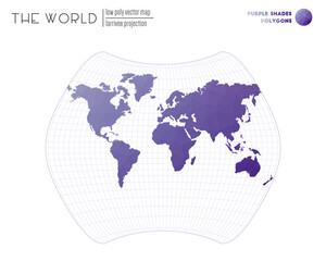 Triangular mesh of the world. Larrivee projection of the world. Purple Shades colored polygons. Creative vector illustration.