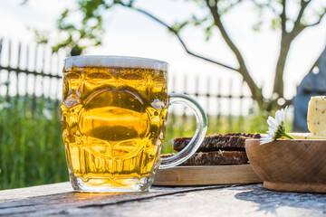 Glass of light beer with cheese and rye bread