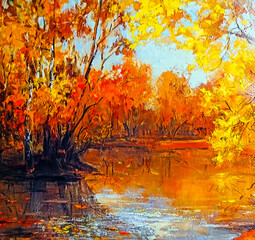 Obraz na płótnie Canvas Bright, colorful autumn landscape. Shores of the lake with reflections and such trees as oaks and maples with yellow leaves are depicted. Oil painting on canvas.