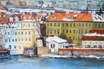 Fototapeta premium View on the snow-covered houses with red roofs by the river, the medieval European city. Oil painting on canvas