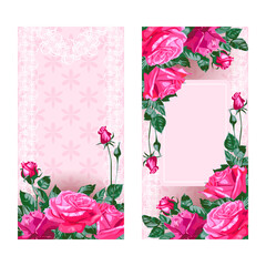 Template for invitation, greeting card, decorated with pink flowers of roses and leaves.