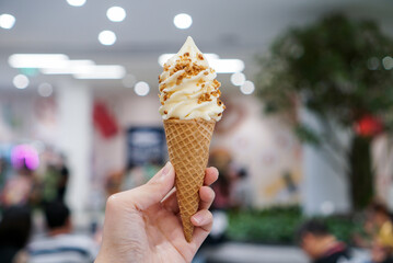 Hokkaido milk and cheese soft ice cream. A wafer cone of milk and cheese ice cream soft serve topped with crispy nut.