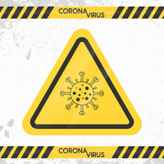 Fototapeta premium Coronavirus COVID-19 Caution Danger Yellow Sign Vector. Coronavirus Icon. Corona Virus Bacteria Cell Icon Vector Sign. Caution Tape Coronavirus. COVID-19 NCOV-2019 Corona Virus. Vector Illustration
