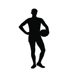 The guy is a soccer player with a ball in one hand. Football game, active lifestyle and sport. The silhouette is isolated. Vector illustration of a man in black and white.