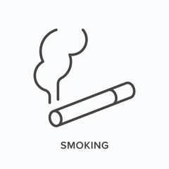 Smoking flat line icon. Vector outline illustration of cigarette with smoke. Tobacco shop thin linear pictogram