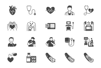 Cardiology flat icons. Vector illustration included icon as heart attack, ecg monitor, doctor, pacemaker, defibrillator, atherosclerosis black silhouette pictogram for medical cardiovascular clinic - obrazy, fototapety, plakaty