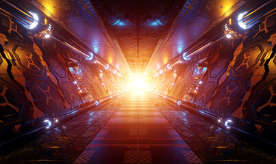 Orange and blue futuristic spaceship interior with window view on planet Earth 3d rendering © sdecoret